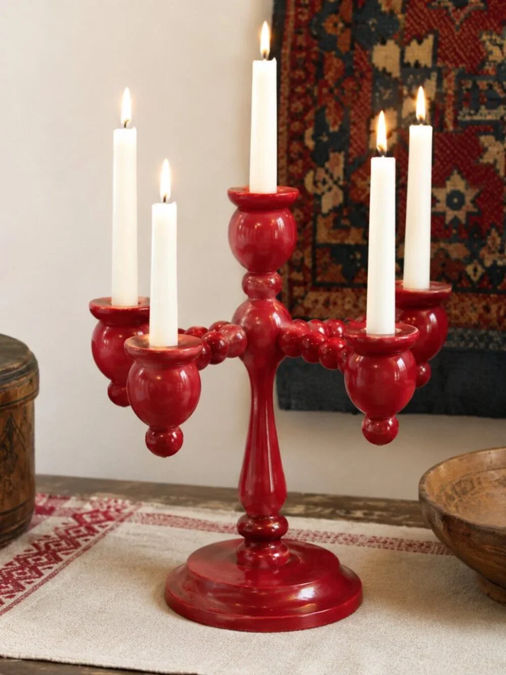 MCM Scandinavian Red Bobbin Candelabra Swedish Folk Art 5 Arm Candle Holder